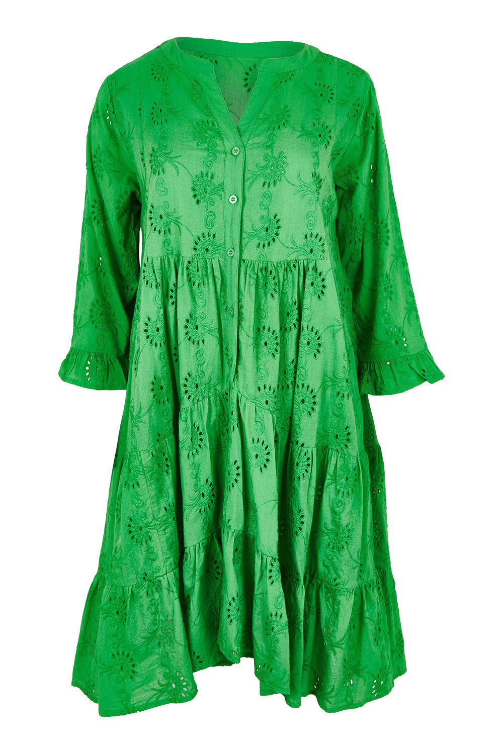 Product shot of the Essentials Frill Hem Broderie Cotton Dress in colour Green (Green), from the front