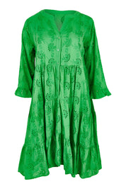 Product shot of the Essentials Frill Hem Broderie Cotton Dress in colour Green (Green), from the front