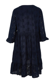 Product shot of the Essentials Frill Hem Broderie Cotton Dress in colour Navy (Blue), from the back