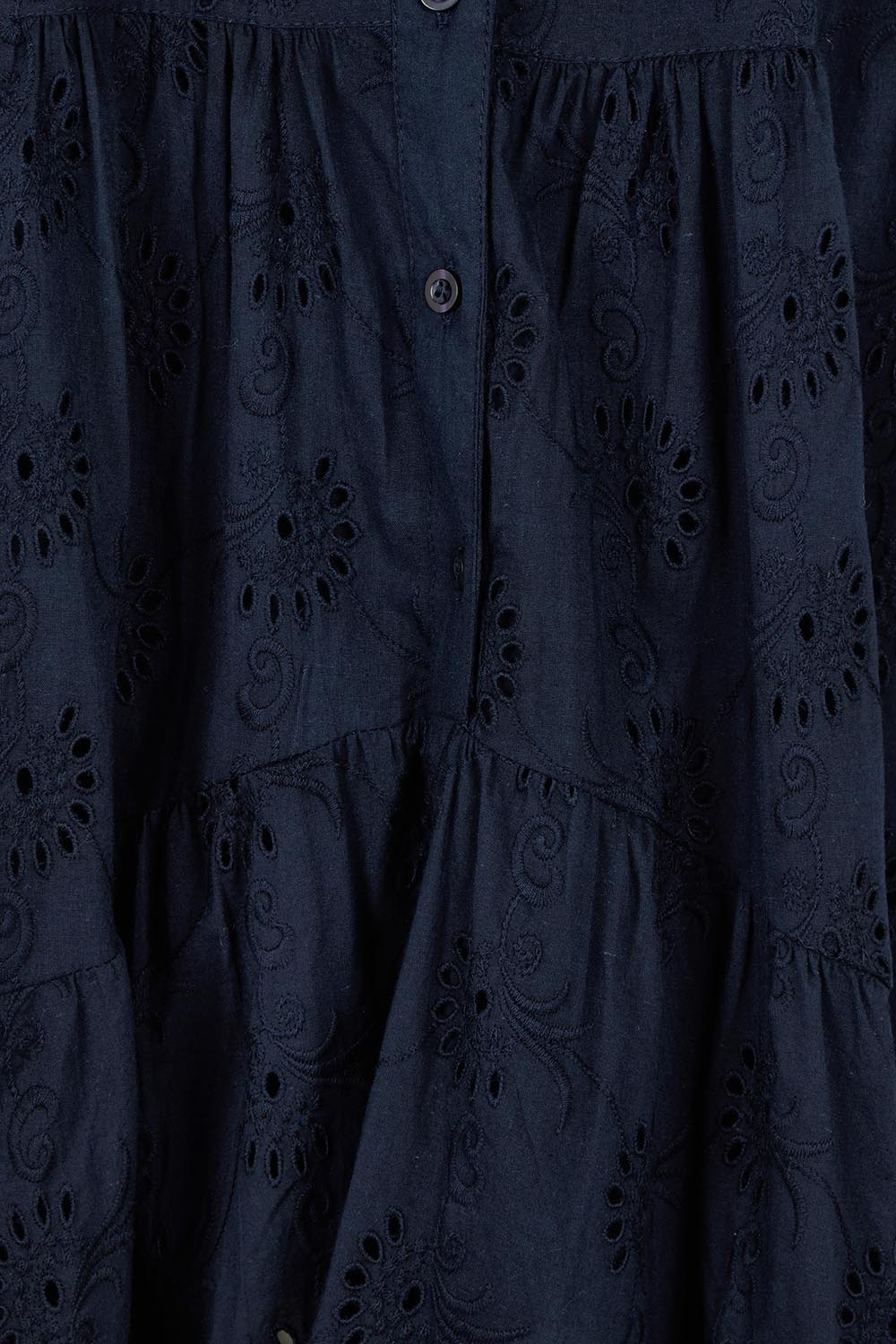 Product shot of the Essentials Frill Hem Broderie Cotton Dress in colour Navy (Blue), detail