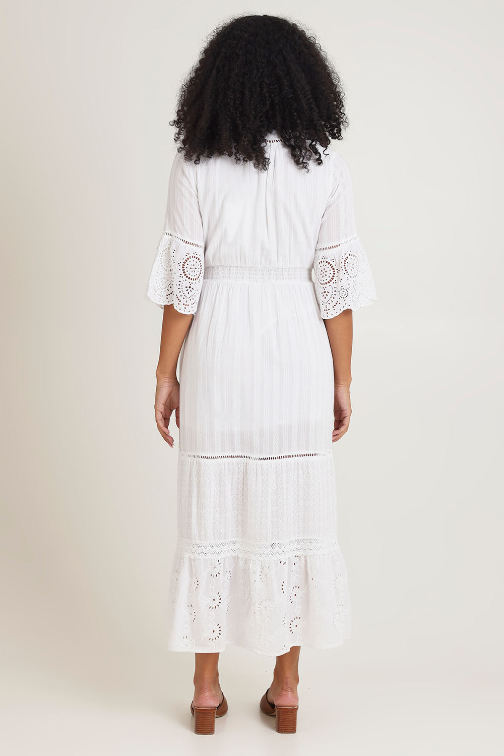 Model Ziara wearing size 10 of the Essentials Maxi Broderie Cotton Dress in colour White (White), from the back