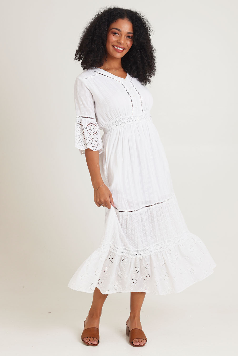 Model Ziara wearing size 10 of the Essentials Maxi Broderie Cotton Dress in colour White (White), from the front, showing the whole outfit