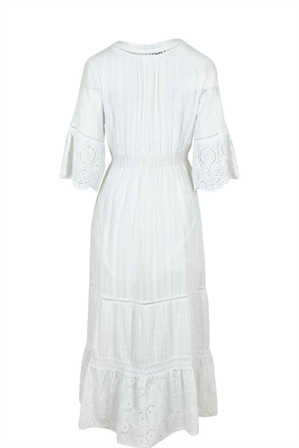 Product shot of the Essentials Maxi Broderie Cotton Dress in colour White (White), from the back