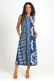Model Pamelar wearing size 10 of the Sleeveless Midi Dress – Blue in colour Blue, from the front