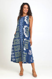 Model Pamelar wearing size 10 of the Sleeveless Midi Dress – Blue in colour Blue, from the front