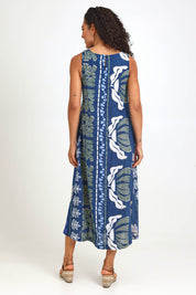 Model Pamelar wearing size 10 of the Sleeveless Midi Dress – Blue in colour Blue, from the front