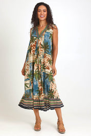 Model Pamelar wearing size 10 of the Sleeveless V  Maxi Dress – Print in colour Print, from the front