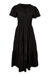 Product shot of the Essentials Poplin Short Sleeve Cotton Maxi Dress - Black in colour Black, from the front