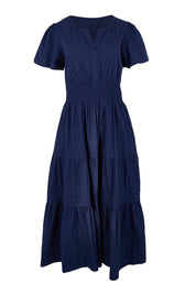 Product shot of the Essentials Poplin Short Sleeve Cotton Maxi Dress - Navy in colour Navy, from the front