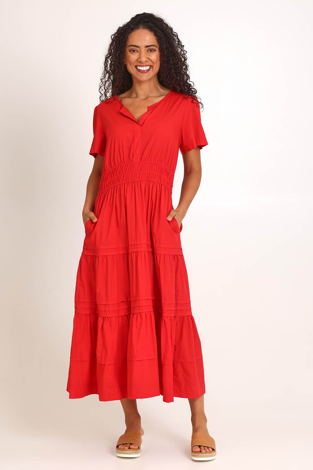 Model Pamelar wearing size 10 of the Essentials Poplin Short Sleeve Cotton Maxi Dress - Red in colour Red, from the front