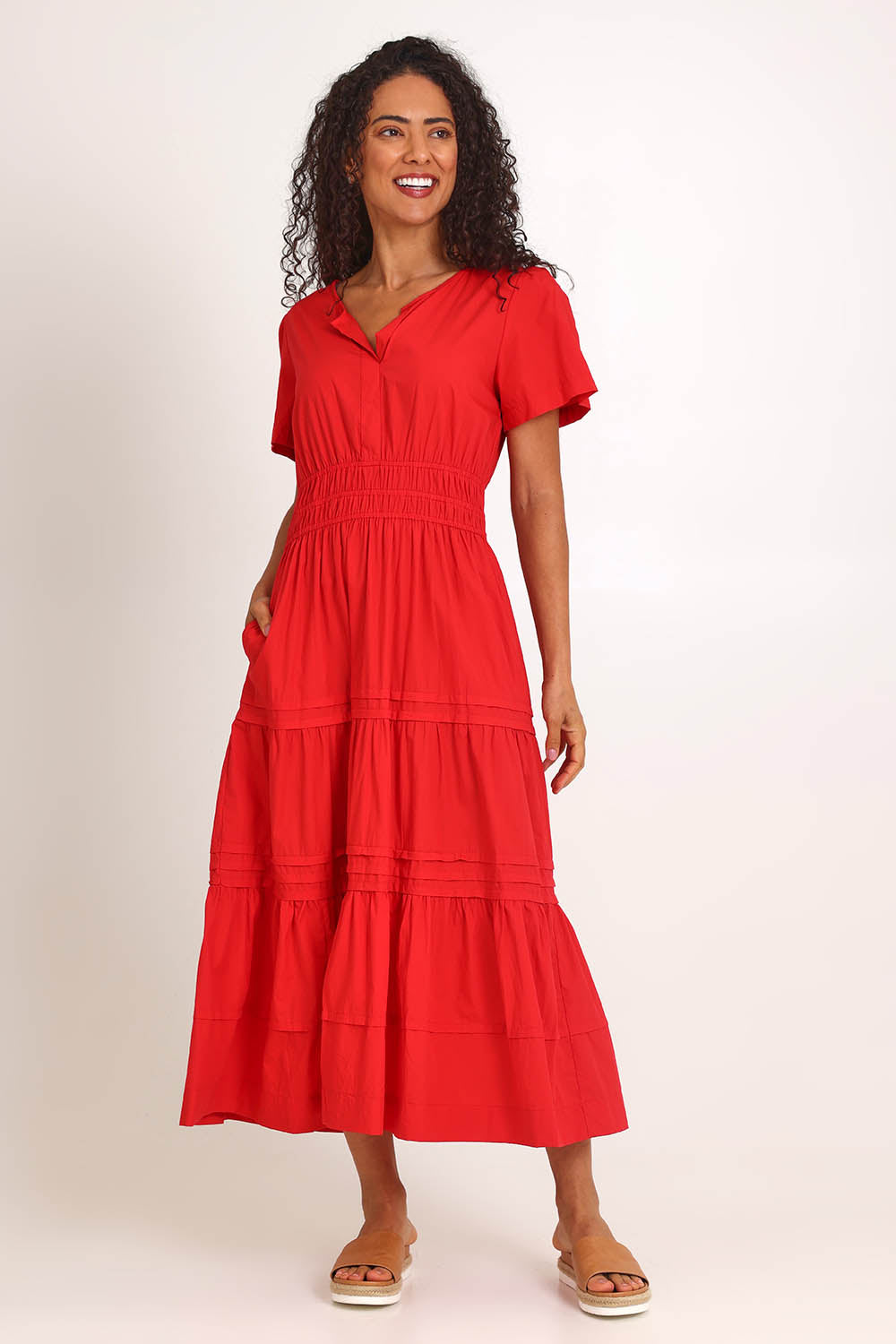 Model Pamelar wearing size 10 of the Essentials Poplin Short Sleeve Cotton Maxi Dress - Red in colour Red, from the front