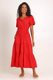 Model Pamelar wearing size 10 of the Essentials Poplin Short Sleeve Cotton Maxi Dress - Red in colour Red, from the front