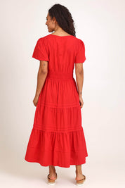 Model Pamelar wearing size 10 of the Essentials Poplin Short Sleeve Cotton Maxi Dress - Red in colour Red, from the front