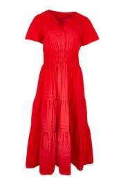 Product shot of the Essentials Poplin Short Sleeve Cotton Maxi Dress - Red in colour Red, from the front