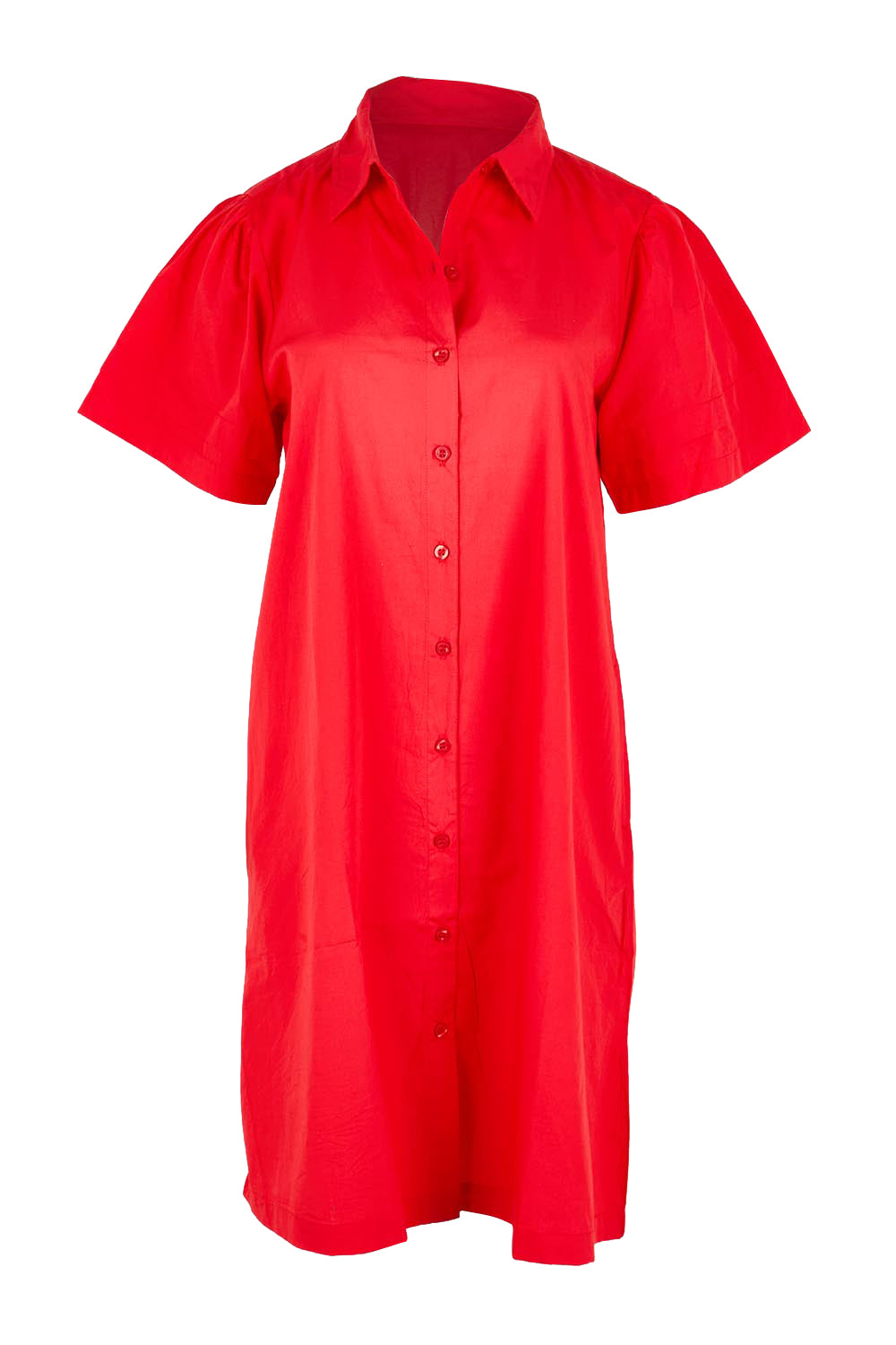 Product shot of the Essentials Poplin Flair Collar Cotton Dress - Red in colour Red, from the front