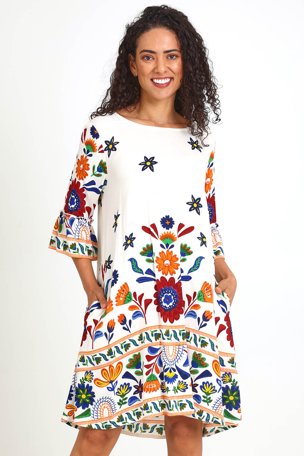 Model Pamelar wearing size 10 of the Contemporary Dress – Print in colour Print, in a cropped view
