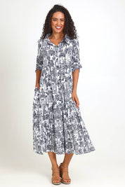 Model Pamelar wearing size 10 of the Layers Collar Dress – White in colour White, from the front