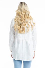 A model wearing the Essentials Organic Cotton Poplin Ruched Shirt in colour White (White), from the back