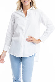 A model wearing the Essentials Organic Cotton Poplin Ruched Shirt in colour White (White), from the front, cropped image