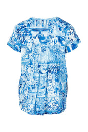Product shot of the Pleated Cotton Top in colour Okayama (Blue), from the back