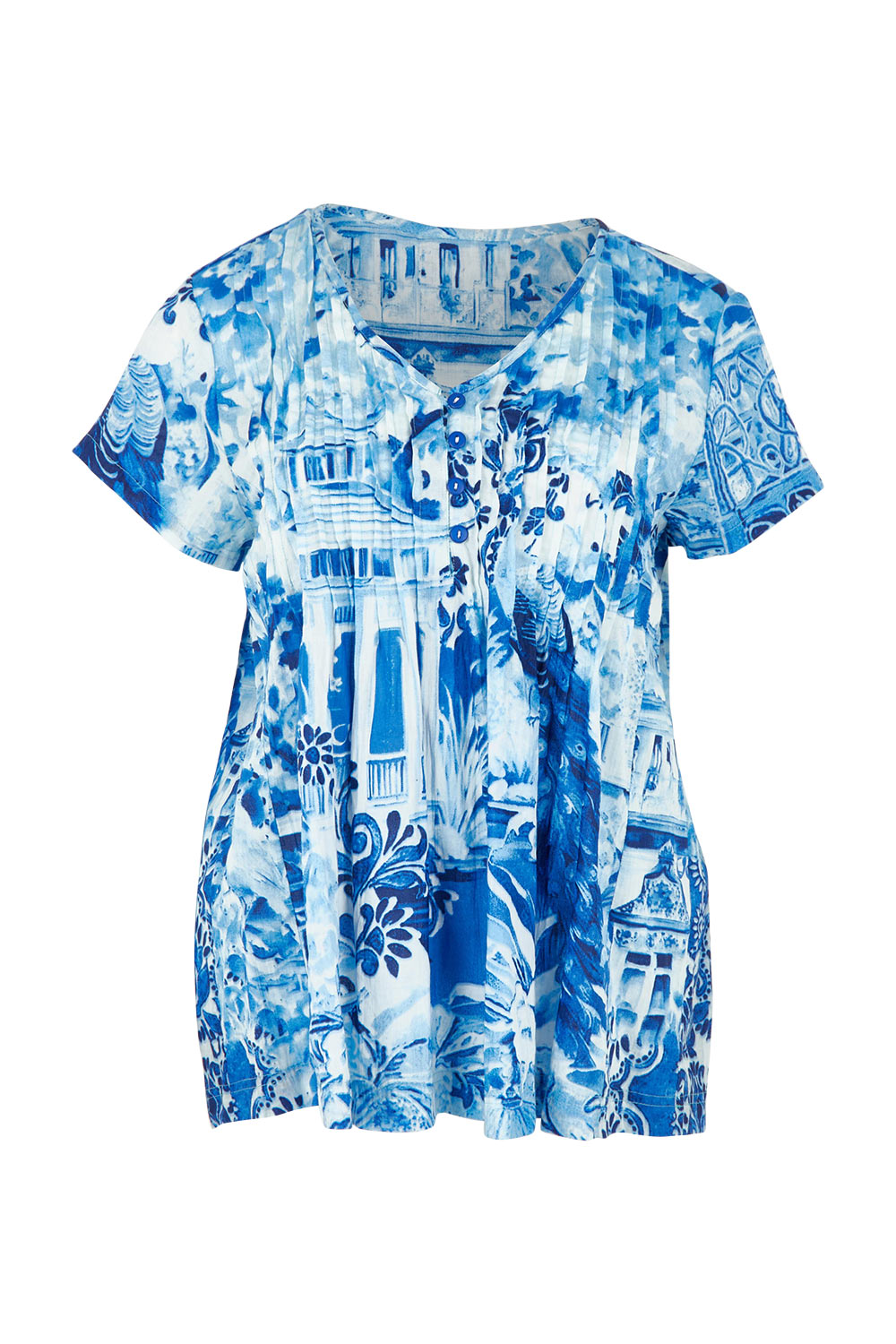 Product shot of the Pleated Cotton Top in colour Okayama (Blue), from the front