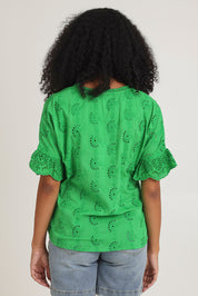 Model Ziara wearing size 10 of the Essentials Broderie Cotton Top in colour Green (Green), from the back