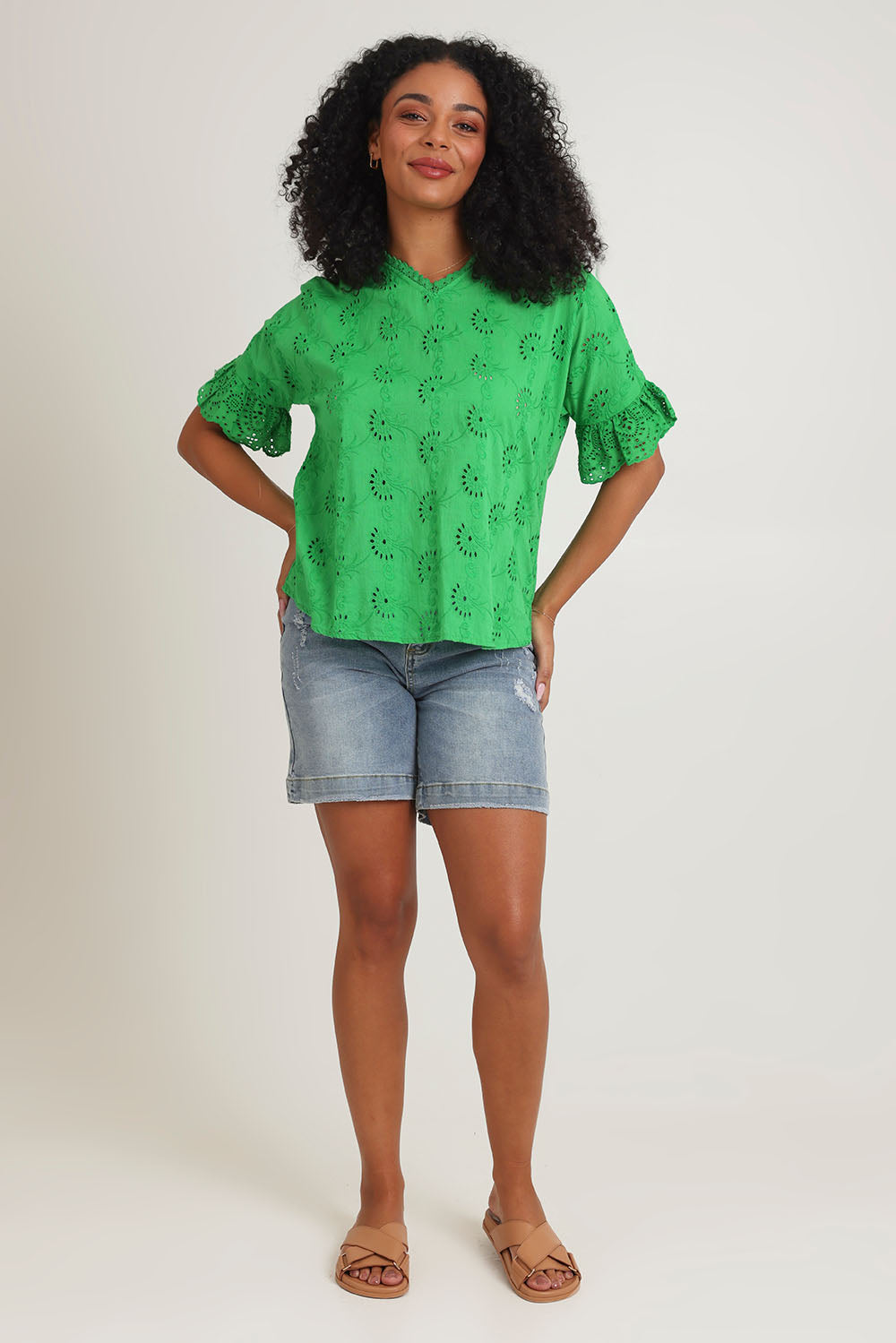 Model Ziara wearing size 10 of the Essentials Broderie Cotton Top in colour Green (Green), from the front, showing the whole outfit