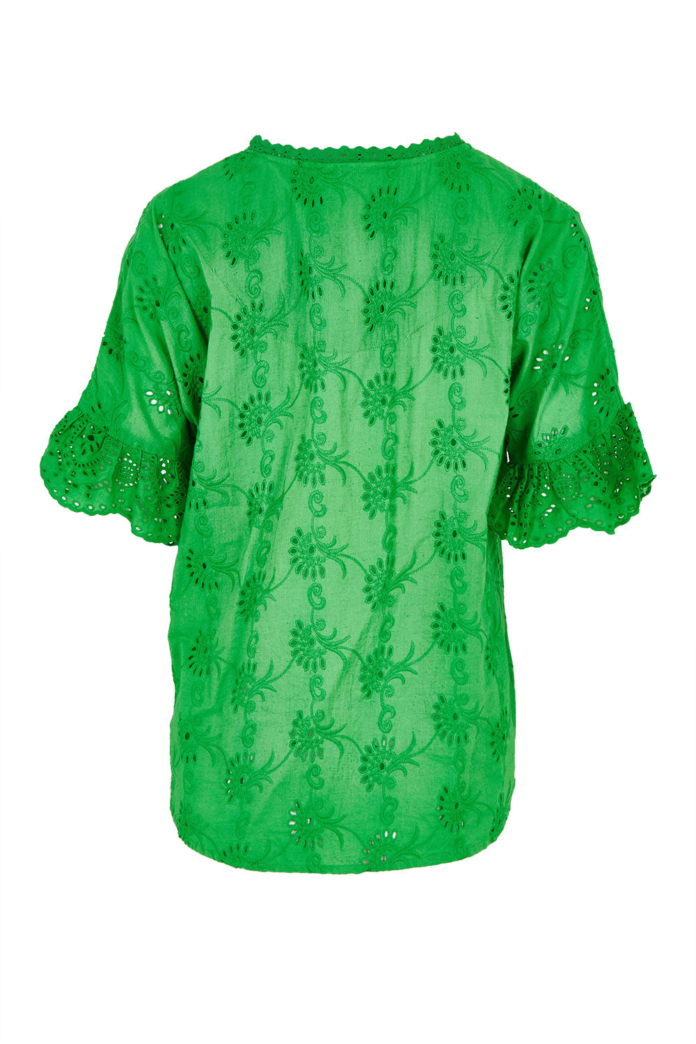 Product shot of the Essentials Broderie Cotton Top in colour Green (Green), from the back