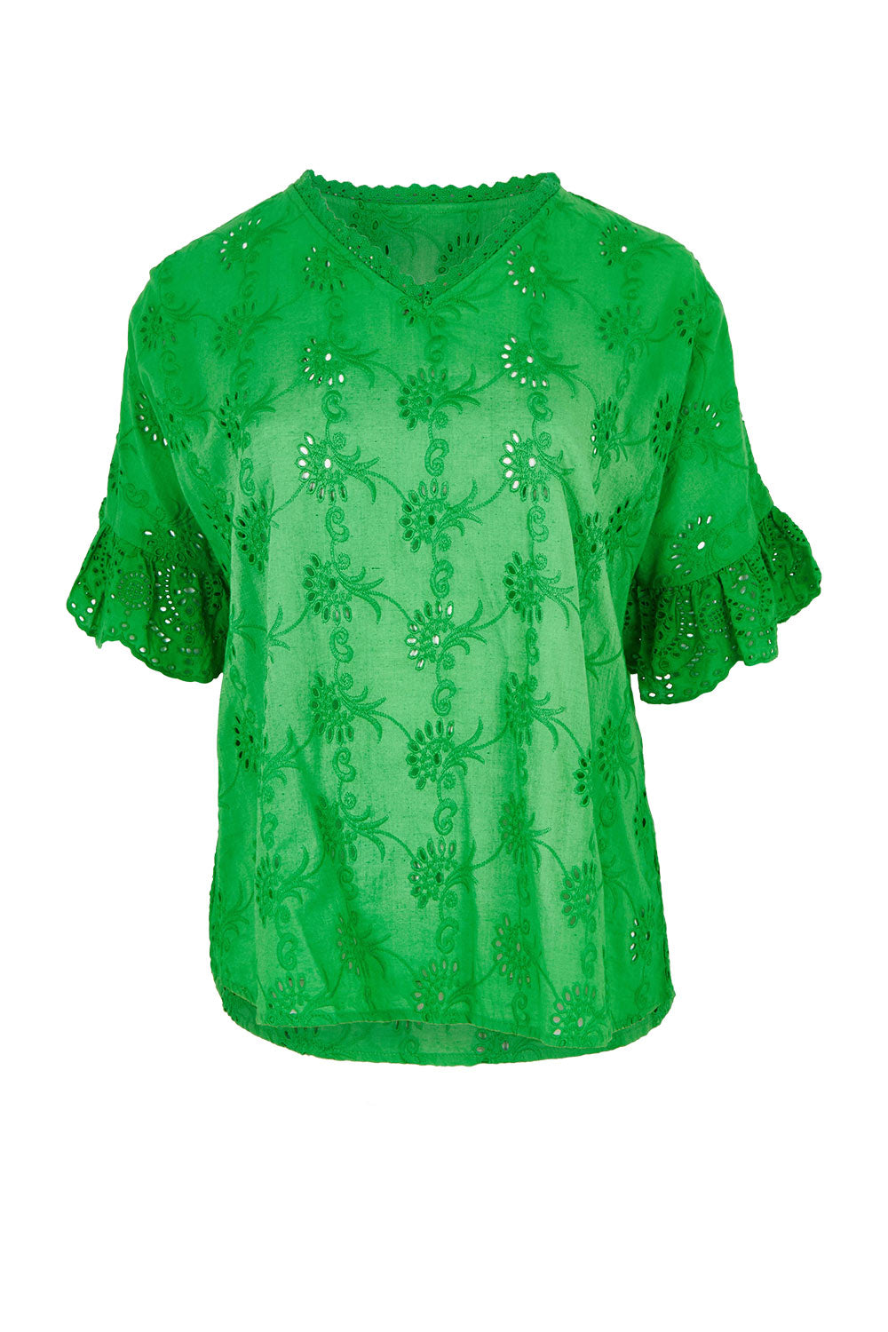 Product shot of the Essentials Broderie Cotton Top in colour Green (Green), from the front