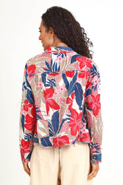 Model Pamelar wearing size 10 of the Fringe Jacket – Print in colour Print, from the back