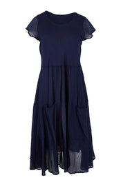 Product shot of the Essentials Bias Pockets Cotton Dress - Navy in colour Navy, from the front