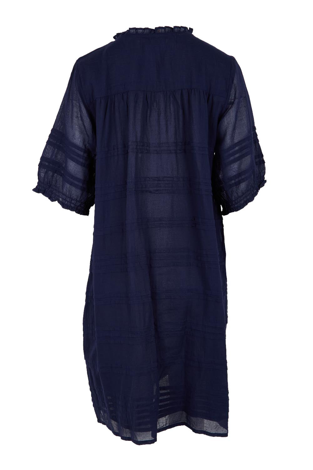 Product shot of the Essentials Pleated Cotton Dress - Navy in colour Navy, from the back