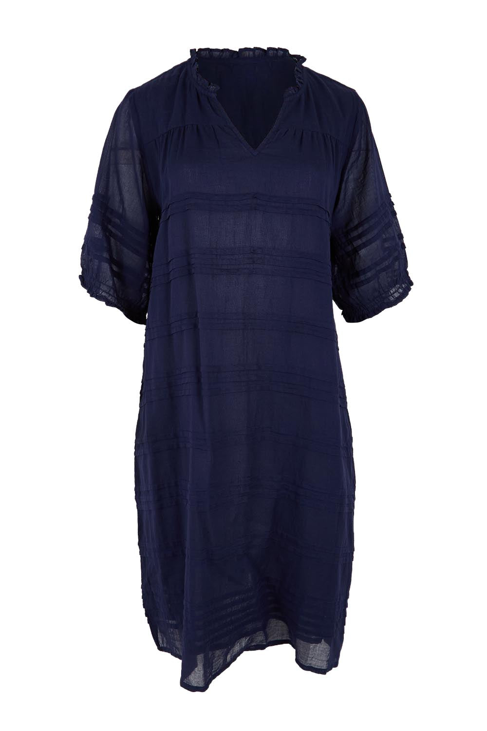 Product shot of the Essentials Pleated Cotton Dress - Navy in colour Navy, from the front