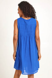 Model Pamelar wearing size 10 of the Essentials Easy Fit Sleeveless Cotton Dress - Blue in colour Blue, from the back