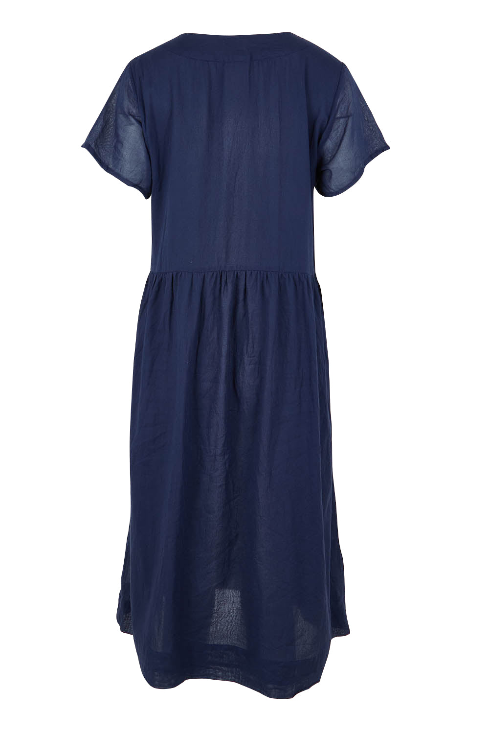 Product shot of the Essentials Organic Cotton Gauze Peak Dress in colour Navy (Blue), from the back