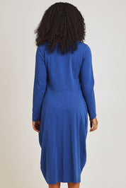 Model Ziara wearing size 10 of the Cotton Blend Bubble Dress in colour Blue (Blue), from the back