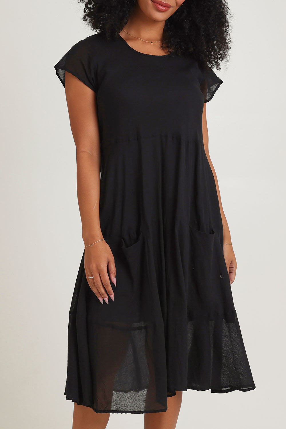 Model Ziara wearing size 10 of the Essentials Bias Pockets Cotton Dress in colour Black (Black), from the front, cropped image