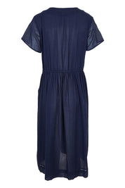 Product shot of the Essentials Tie Waist Cotton Dress in colour Navy (Blue), from the back