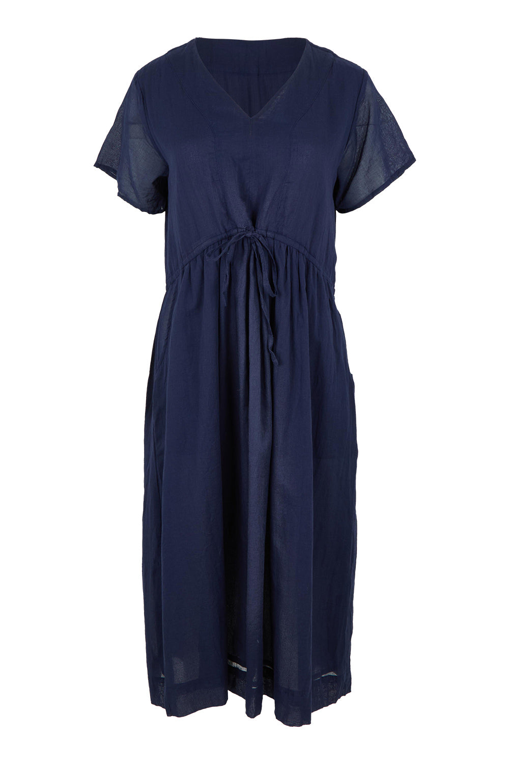 Product shot of the Essentials Tie Waist Cotton Dress in colour Navy (Blue), from the front