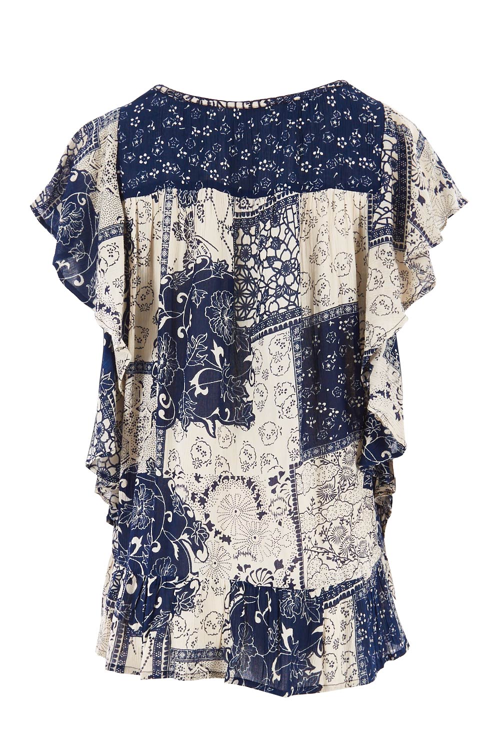 Product shot of the Verona Patchwork Top in colour Patchwork (Blue), from the back