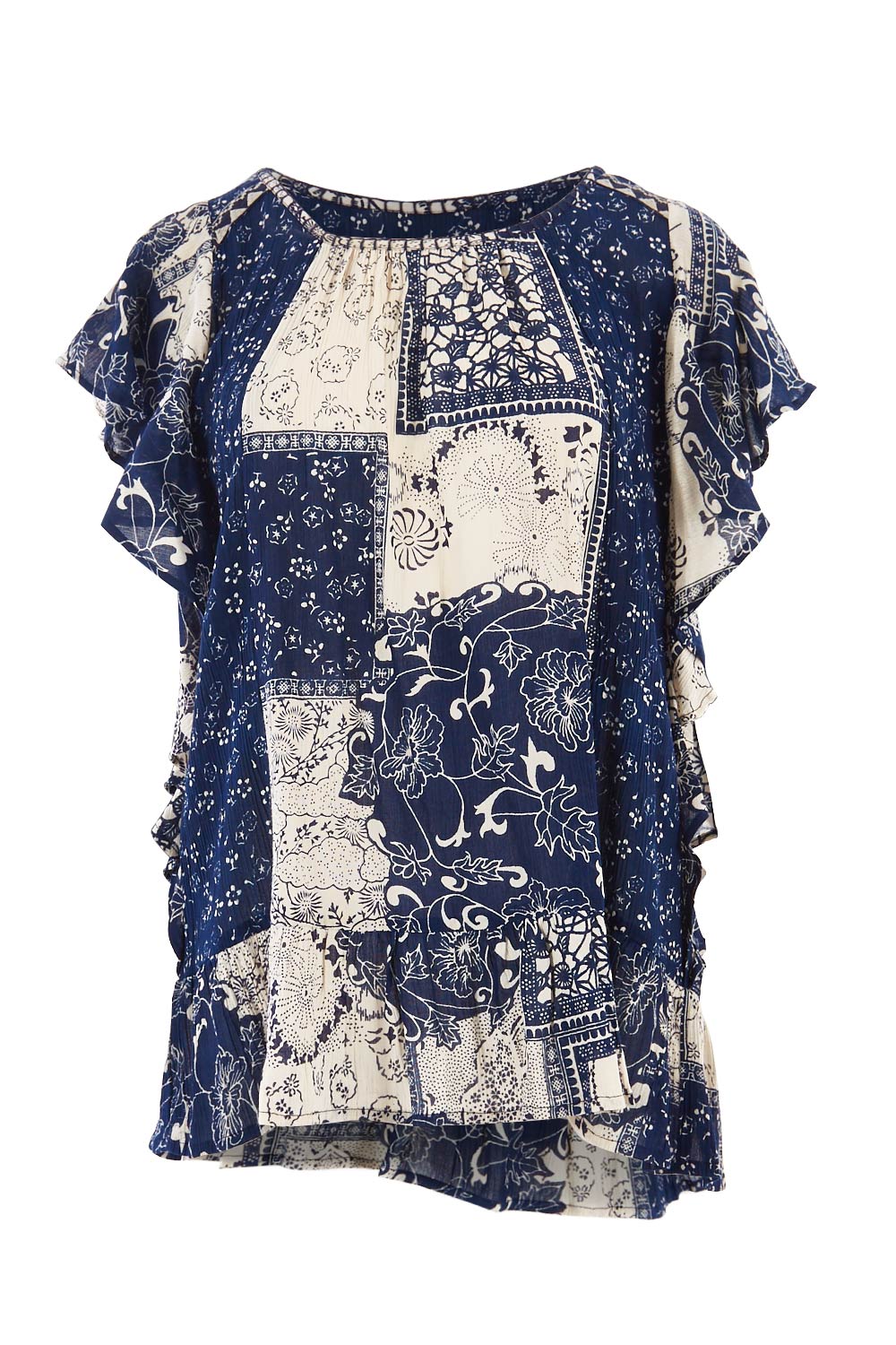 Product shot of the Verona Patchwork Top in colour Patchwork (Blue), from the front