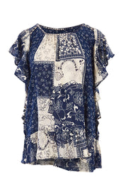Product shot of the Verona Patchwork Top in colour Patchwork (Blue), from the front