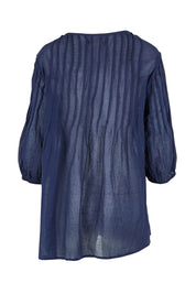 Product shot of the Essentials Organic Cotton Gauze Long Pleated Top in colour Navy (Blue), from the back