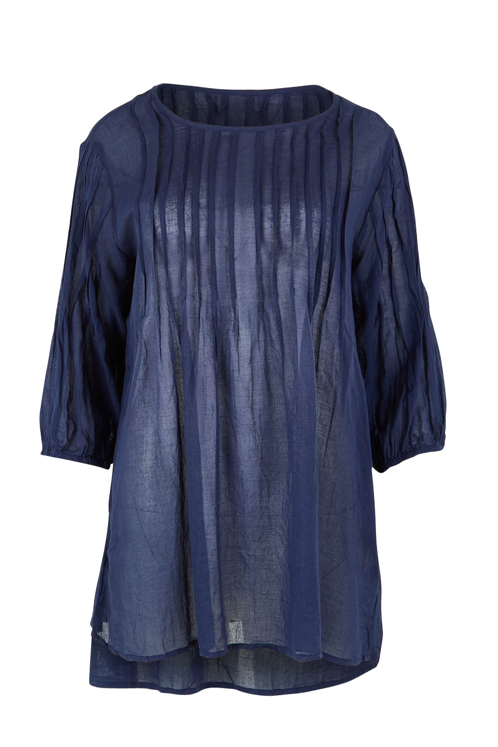 Product shot of the Essentials Organic Cotton Gauze Long Pleated Top in colour Navy (Blue), from the front