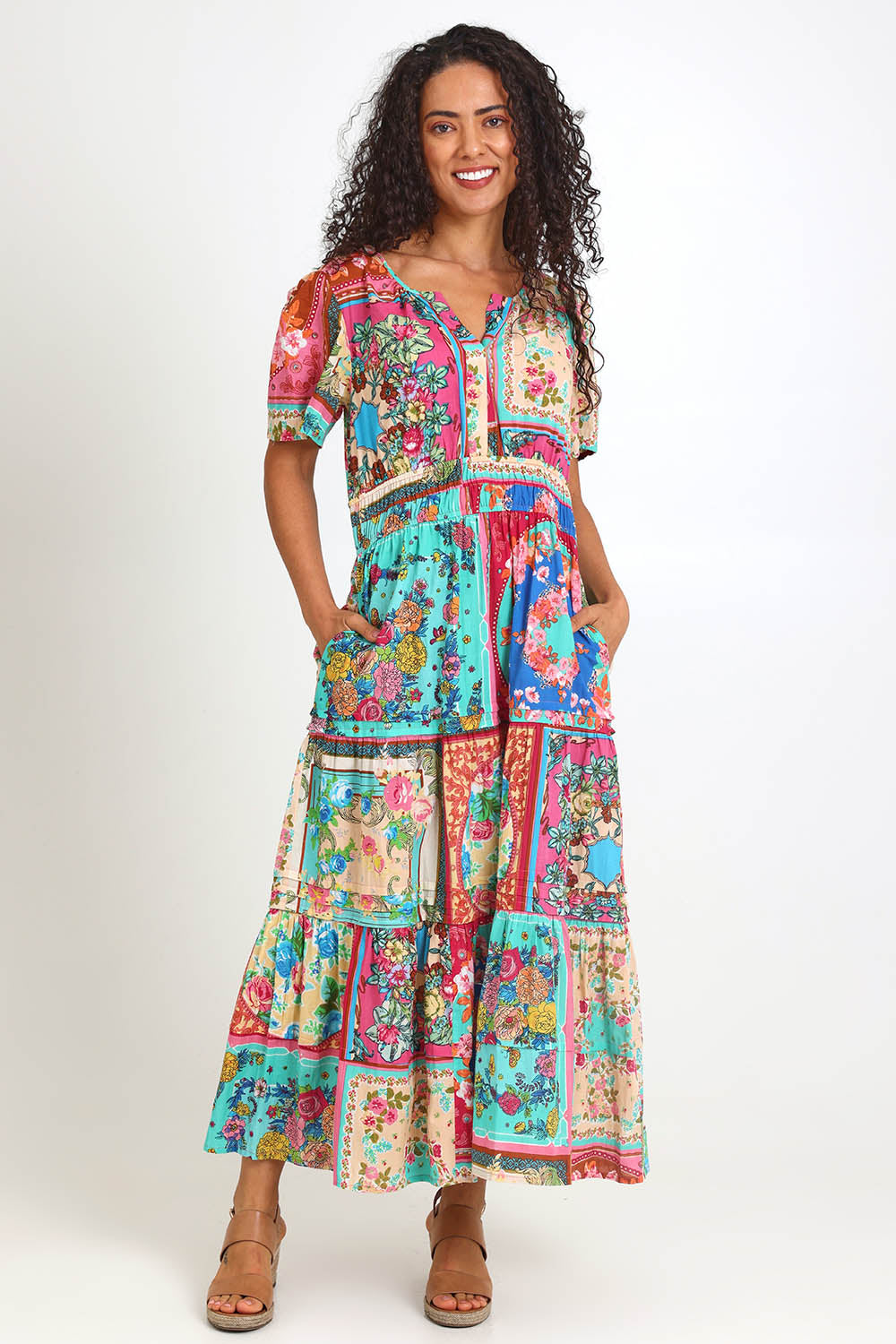 Model Pamelar wearing size 10 of the Short Sleeve Maxi Dress – Print in colour Print, from the front