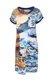 Product shot of the Patch Dress – Blue in colour Blue, from the front