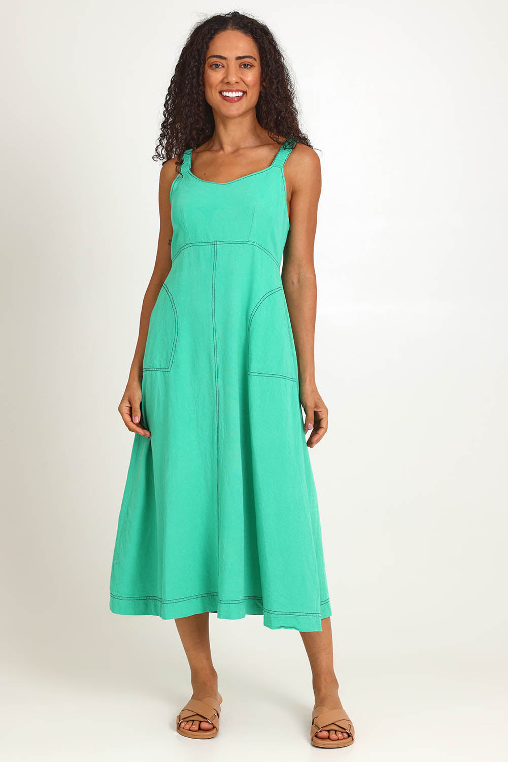 Model Pamelar wearing size 10 of the Essentials Strappy Linen Blend Dress - Green in colour Green, from the front