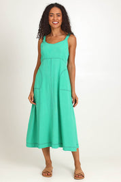 Model Pamelar wearing size 10 of the Essentials Strappy Linen Blend Dress - Green in colour Green, from the front