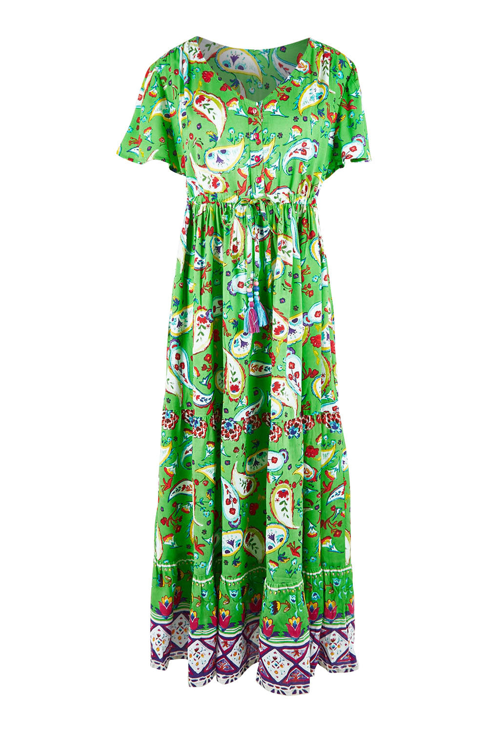 Product shot of the Famagusta Cap Sleeve Layers Dress in colour Green (Green), from the front