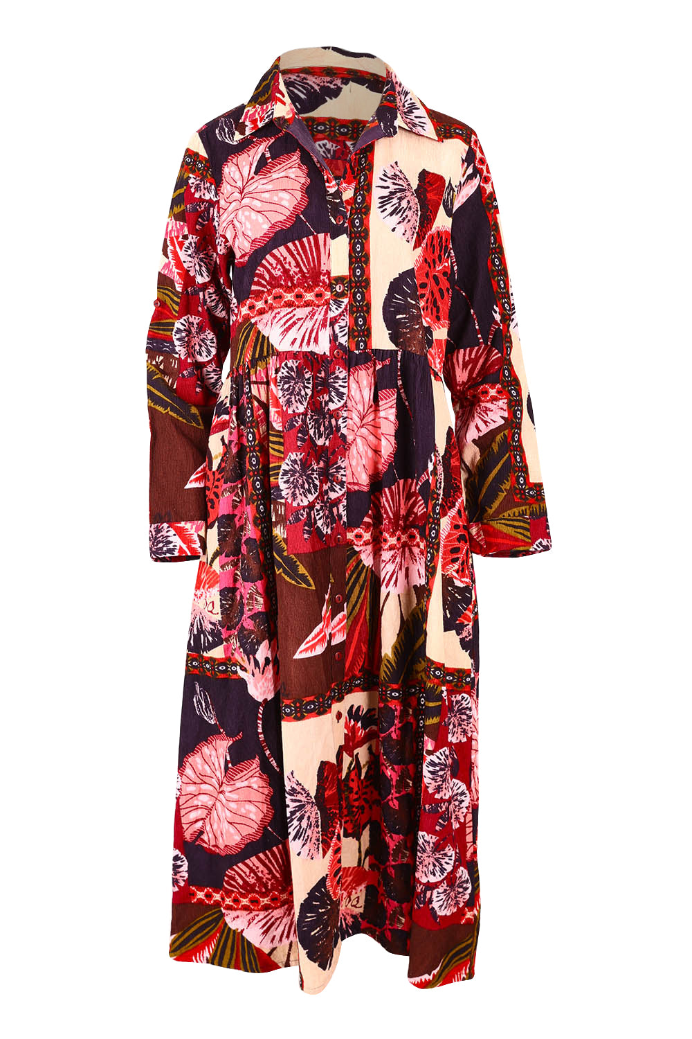 Product shot of the Chandalier Cord Long Collar Dress in colour Chandalier (Red), from the front